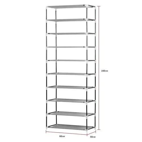 Складаний тканинний стелаж для взуття JBI TOPY, 9 полиць, 160×60×30 см, металевий каркас, захист від пилу - фото 6
