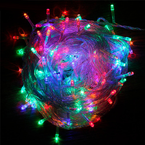 Разноцветная светодиодная гирлянда 100 LED 10 метров XMAS, прозрачный провод, подключение 220 В - фото 2