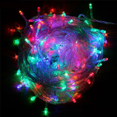 Різнокольорова світлодіодна гірлянда 100 LED 10 метрів XMAS, прозорий провід, підключення 220 В - фото 2