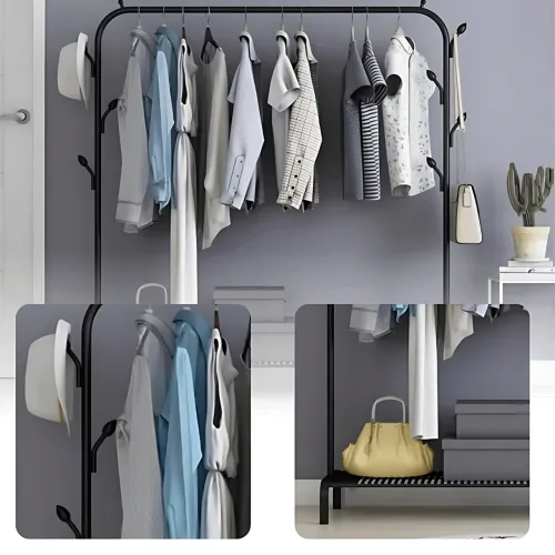 Напольная вешалка для одежды Double Floor Hanger 3, металл, 150×110×40 см, с полкой для обуви и крючками - фото 5