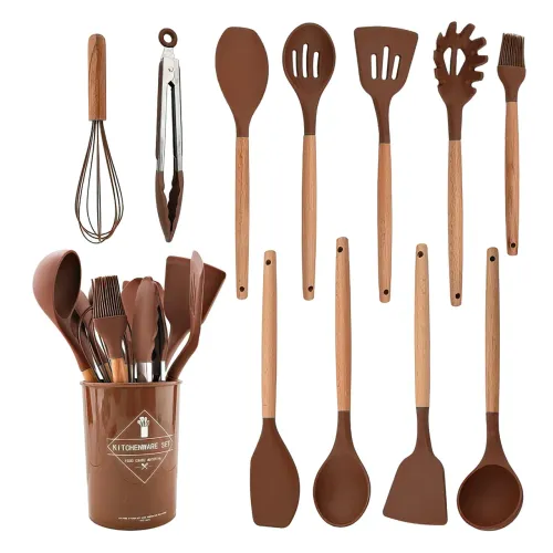 Набір кухонного приладдя Kitchen Set на 12 предметів, з харчового силікону, до 230 градусів Коричневий