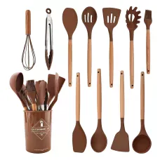 Набір кухонного приладдя Kitchen Set на 12 предметів, з харчового силікону, до 230 градусів Коричневий