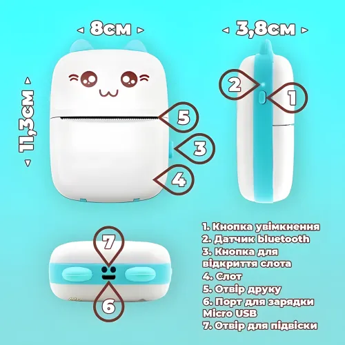 Портативный мини принтер для фотографий (Mini Printer) cat ears Bluetooth - фото 6