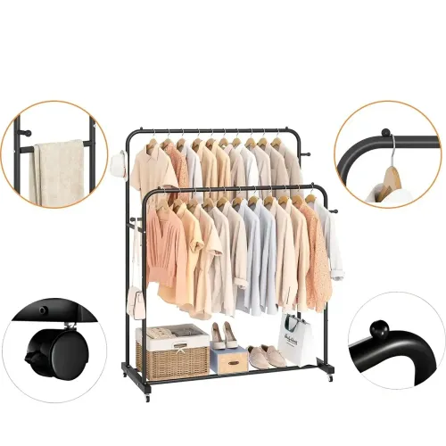 Подвійна стійка на колесах — вішалка для одягу Double floor Hanger з полицею для взуття. 143х96х42 см - фото 5