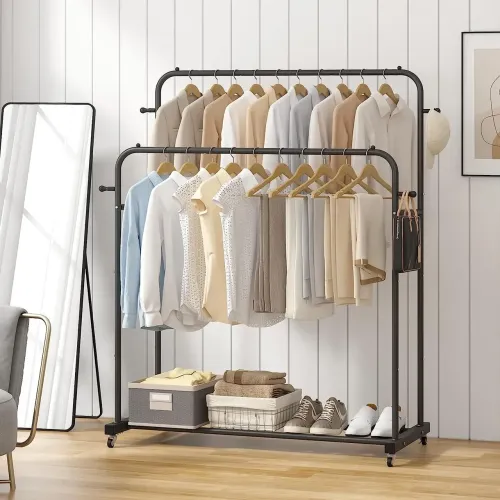 Подвійна стійка на колесах — вішалка для одягу Double floor Hanger з полицею для взуття. 143х96х42 см - фото 6