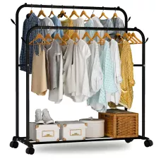Двойная стойка на колесах - вешалка для одежды Double floor Hanger с полкой для обуви. 143х96х42 см