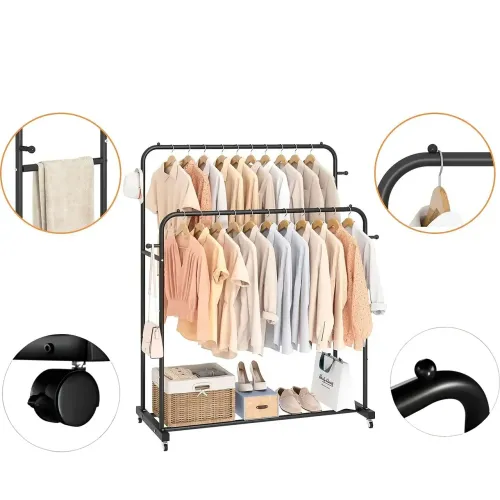 Двойная стойка на колесах - вешалка для одежды Double floor Hanger с полкой для обуви. 143х96х42 см - фото 5