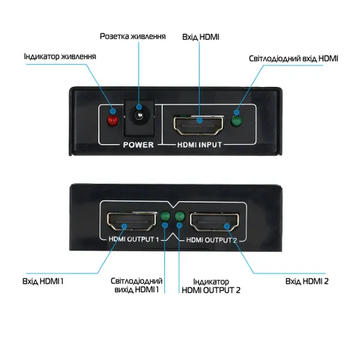 Активний HDMI-розгалужувач на 2 порти UHD, двоспрямований відео сплітер 4К - фото 4
