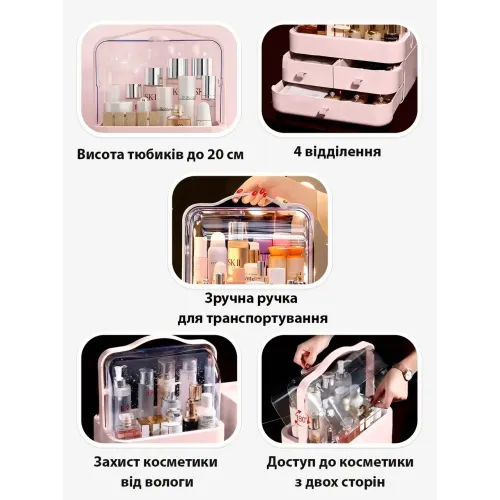 Органайзер для косметики LD 288, с крышкой, водо, пыленепроницаемый. С портативной ручкой и выдвижными ящиками - фото 4
