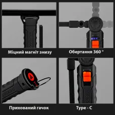 Фонарик на магните BL G61. Прорезиненный корпус, с крючком. USB-зарядка. Поворот 360° и 4 режима работы