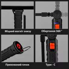 Фонарик на магните BL G61. Прорезиненный корпус, с крючком. USB-зарядка. Поворот 360° и 4 режима работы