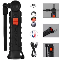 Фонарик на магните BL G61. Прорезиненный корпус, с крючком. USB-зарядка. Поворот 360° и 4 режима работы