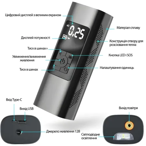 Акумуляторний портативний компресор для велосипедів і автомобілів air pump CZCQ-101, 6000 mAh, 10.3 Bar - фото 4