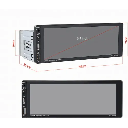 Автомагнітола 6280A, екран 6.9, ANDROID, 1DIN, 2+62 Гб, GPS, Bluetooth, підтримка камери заднього огляду - фото 4