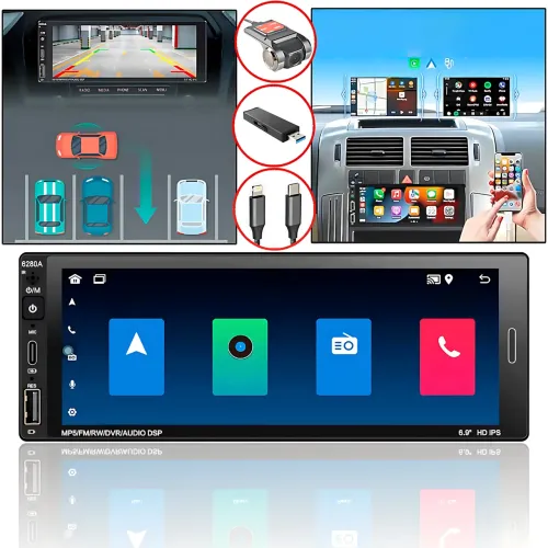 Автомагнітола 6280A, екран 6.9, ANDROID, 1DIN, 2+62 Гб, GPS, Bluetooth, підтримка камери заднього огляду