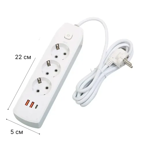 Мережевий подовжувач AND-16-20, євро на 3 розетки + 2 USB, Type-C, заземлена розетка, мережевий фільтр, білий - фото 2