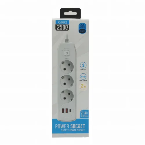 Мережевий подовжувач AND-16-20, євро на 3 розетки + 2 USB, Type-C, заземлена розетка, мережевий фільтр, білий - фото 3