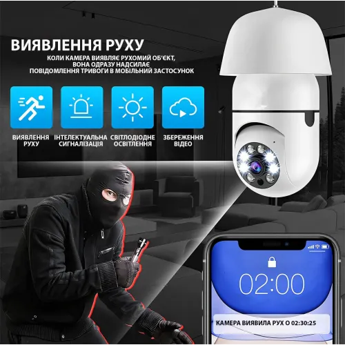 Камера 5 МП на патрон IPC-V380-E27, віддалений доступ, нічне знімання, визначення руху, звук, сигналізація - фото 3