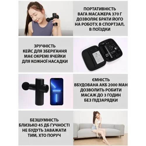Перкусійний масажер із 6 насадками, лімфодренажний масажер у кейсі Gun Massager, вібромасажер - фото 2