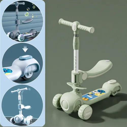 Скутер 3 в 1, дитячий триколісний самокат Scooter H066 з підсвіткою коліс, складана конструкція, 3-12 років Зелений