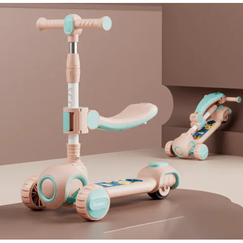 Скутер 3 в 1, дитячий триколісний самокат Scooter H066 з підсвіткою коліс, складана конструкція, 3-12 років Рожевий