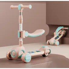 Скутер 3 в 1, детский трехколесный самокат Scooter H066 с подсветкой колес, складная конструкция, 3-12 лет Розовый