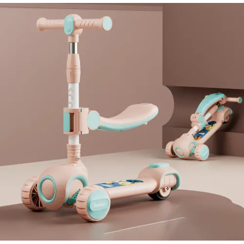 Скутер 3 в 1, дитячий триколісний самокат Scooter H066 з підсвіткою коліс, складана конструкція, 3-12 років Рожевий