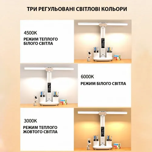 Світлодіодна акумуляторна лампа з двома плафонами, настільний офісний світильник із термометром і годинником - фото 6