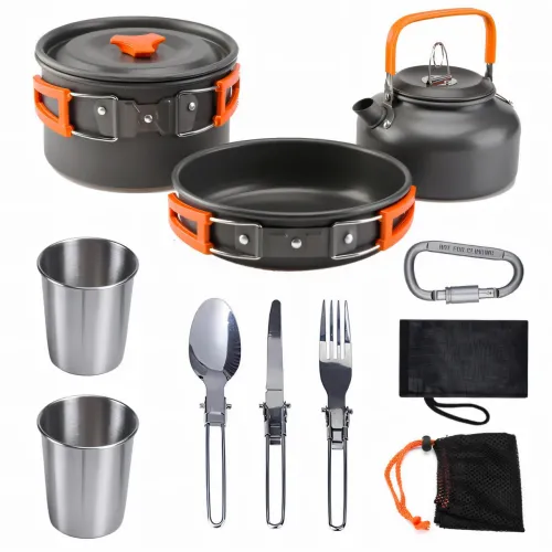 Набір туристичного посуду Camping cooking, металевий похідний комплект: чайник, сковорода, каструля - фото 7