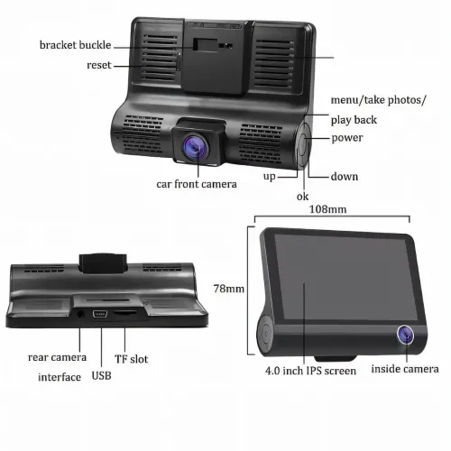 Автореєстратор DVR T-655 Full HD з 3 об'єктивами, відеореєстратор у машину 4 дюйми з камерою заднього огляду - фото 4