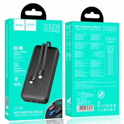 Зовнішній акумулятор 20000 mAh, Power bank HOCO J118A, швидке заряджання, вбудований кабель - фото 6
