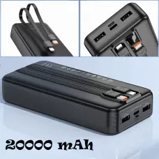 Зовнішній акумулятор 20000 mAh, Power bank HOCO J118A, швидке заряджання, вбудований кабель