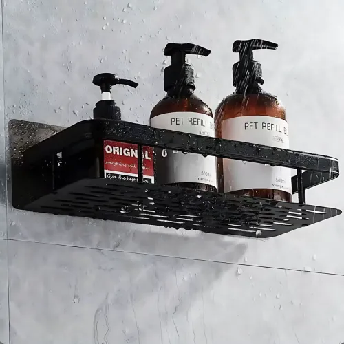 Настінний органайзер для ванної, металева самоклейна полиця Bathroom shelf, до 10 кг, матовий чорний - фото 4