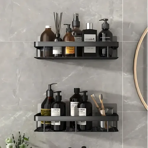 Настінний органайзер для ванної, металева самоклейна полиця Bathroom shelf, до 10 кг, матовий чорний - фото 6