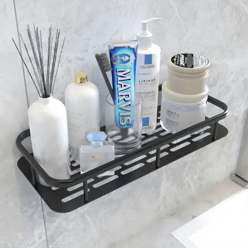 Настінний органайзер для ванної, металева самоклейна полиця Bathroom shelf, до 10 кг, матовий чорний - фото 8