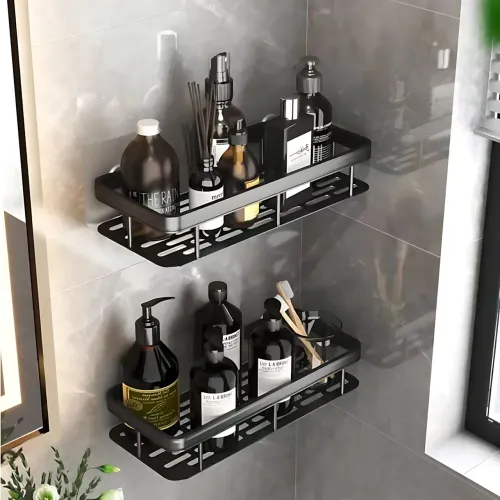 Настінний органайзер для ванної, металева самоклейна полиця Bathroom shelf, до 10 кг, матовий чорний - фото 7