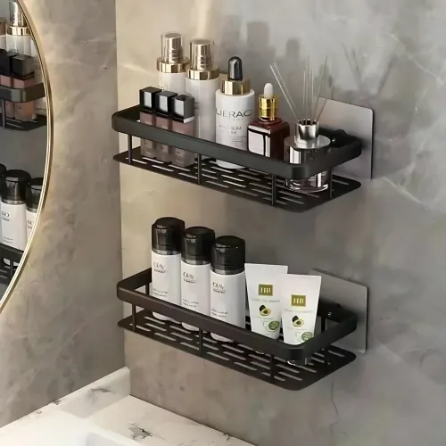 Настінний органайзер для ванної, металева самоклейна полиця Bathroom shelf, до 10 кг, матовий чорний - фото 9