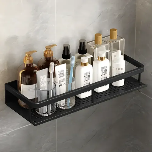 Настінний органайзер для ванної, металева самоклейна полиця Bathroom shelf, до 10 кг, матовий чорний - фото 5