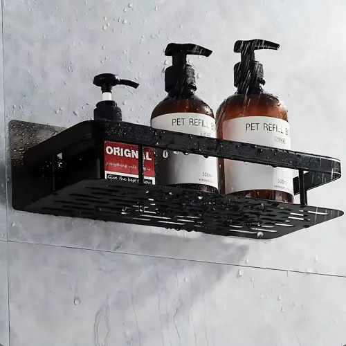 Настенный органайзер для ванной, металлическая самоклеющаяся полка Bathroom shelf, до 10 кг, матовый черный - фото 6