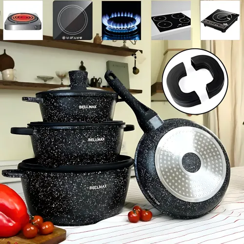 Набір посуду 9 предметів Bellmax Cookware Set BM152, антипригарний посуд із гранітним покриттям, для всіх плит