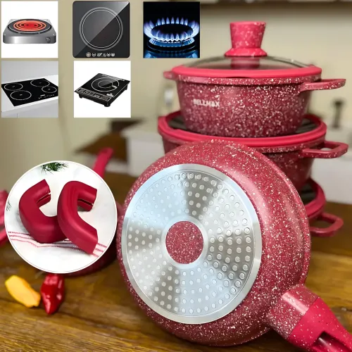 Набір посуду 9 предметів Bellmax Cookware Set BM152, антипригарний посуд із гранітним покриттям, для всіх плит Червоний