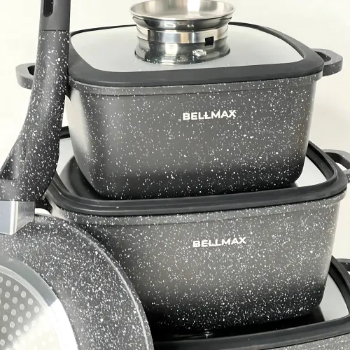 Набір посуду Bellmax Cookware Set BM-132, квадратні каструлі з гранітним покриттям, сковорода, прихватки - фото 4