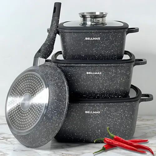 Набір посуду Bellmax Cookware Set BM-132, квадратні каструлі з гранітним покриттям, сковорода, прихватки