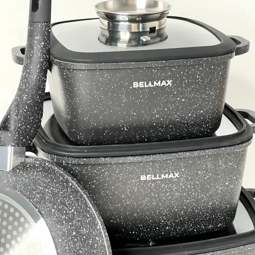 Набор посуды Bellmax Cookware Set BM-132, квадратные кастрюли с гранитным покрытием, сковорода, прихватки - фото 6