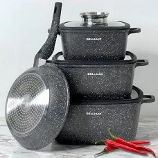 Набір посуду Bellmax Cookware Set BM-132, квадратні каструлі з гранітним покриттям, сковорода, прихватки