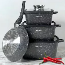 Набір посуду Bellmax Cookware Set BM-132, квадратні каструлі з гранітним покриттям, сковорода, прихватки