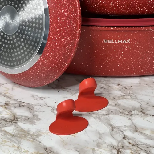 Набір посуду Bellmax Cookware Set BM-132, квадратні каструлі з гранітним покриттям, сковорода, прихватки Червоний - фото 4