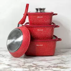 Набір посуду Bellmax Cookware Set BM-132, квадратні каструлі з гранітним покриттям, сковорода, прихватки Червоний