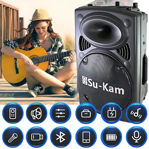 Портативна колонка Su-Kam BT 120D/212D+, 300 Вт, 7500 mAh, Bluetooth, 2 мікрофони, 12v/220v
