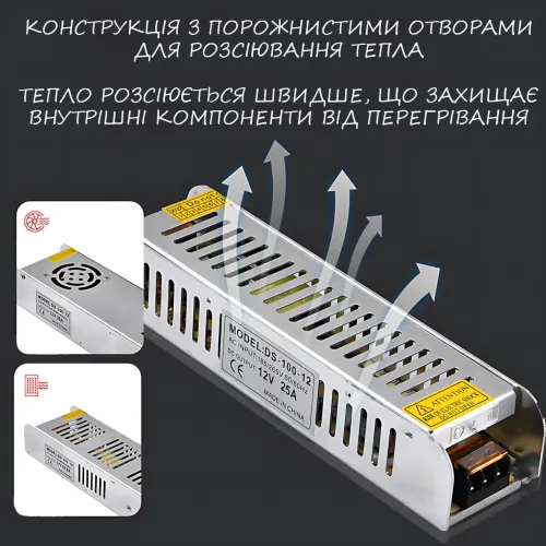 Адаптер 12V 35A METAL Long, імпульсний блок живлення — 300 W, пасивне охолодження, IP20 - фото 8